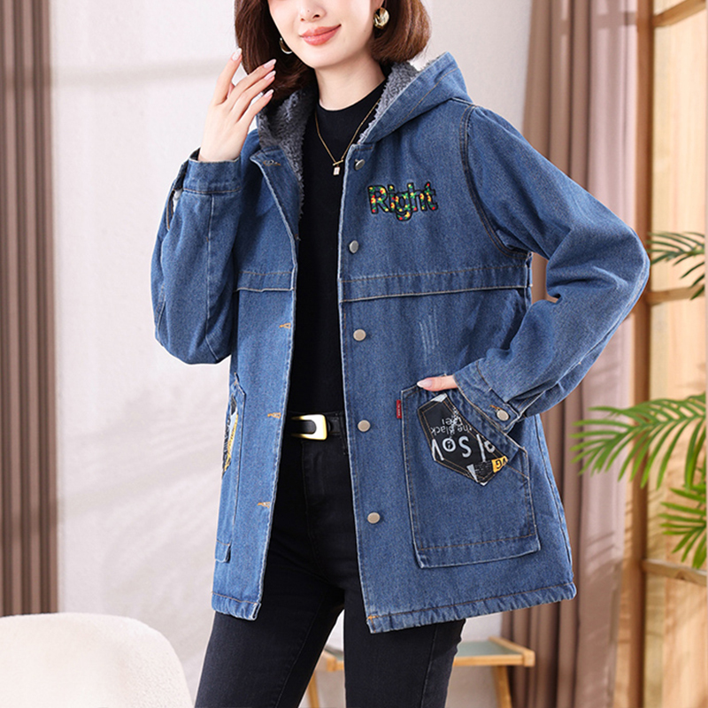 冬季加绒牛仔外套女宽松加大码女装中老年人妈妈洋气保暖棉服上衣