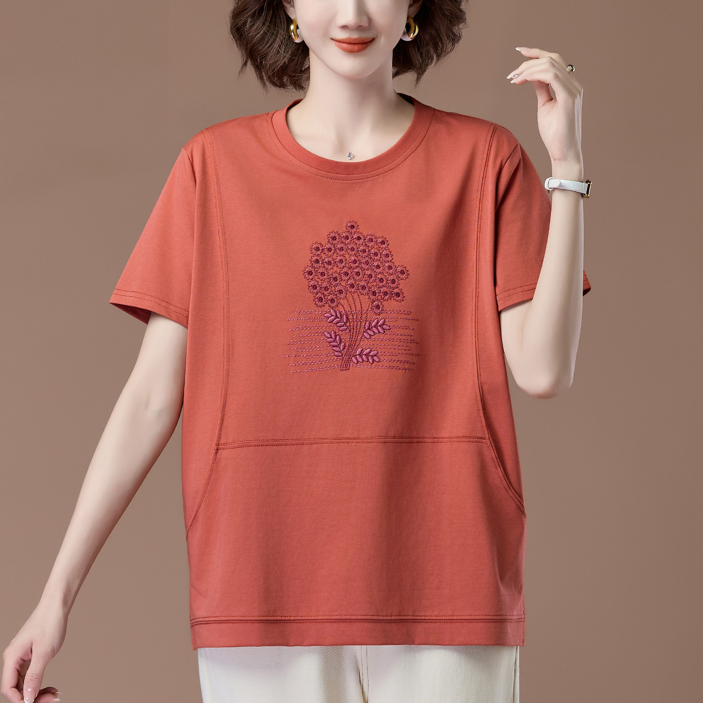 妈妈短袖t恤夏季加肥加大码女装宽松中老年正肩刺绣百搭半袖体恤