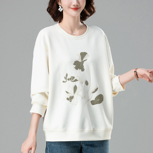 中年女士卫衣春秋新款 胖妈妈圆领刺绣遮肚显瘦上衣 宽松加肥加大码