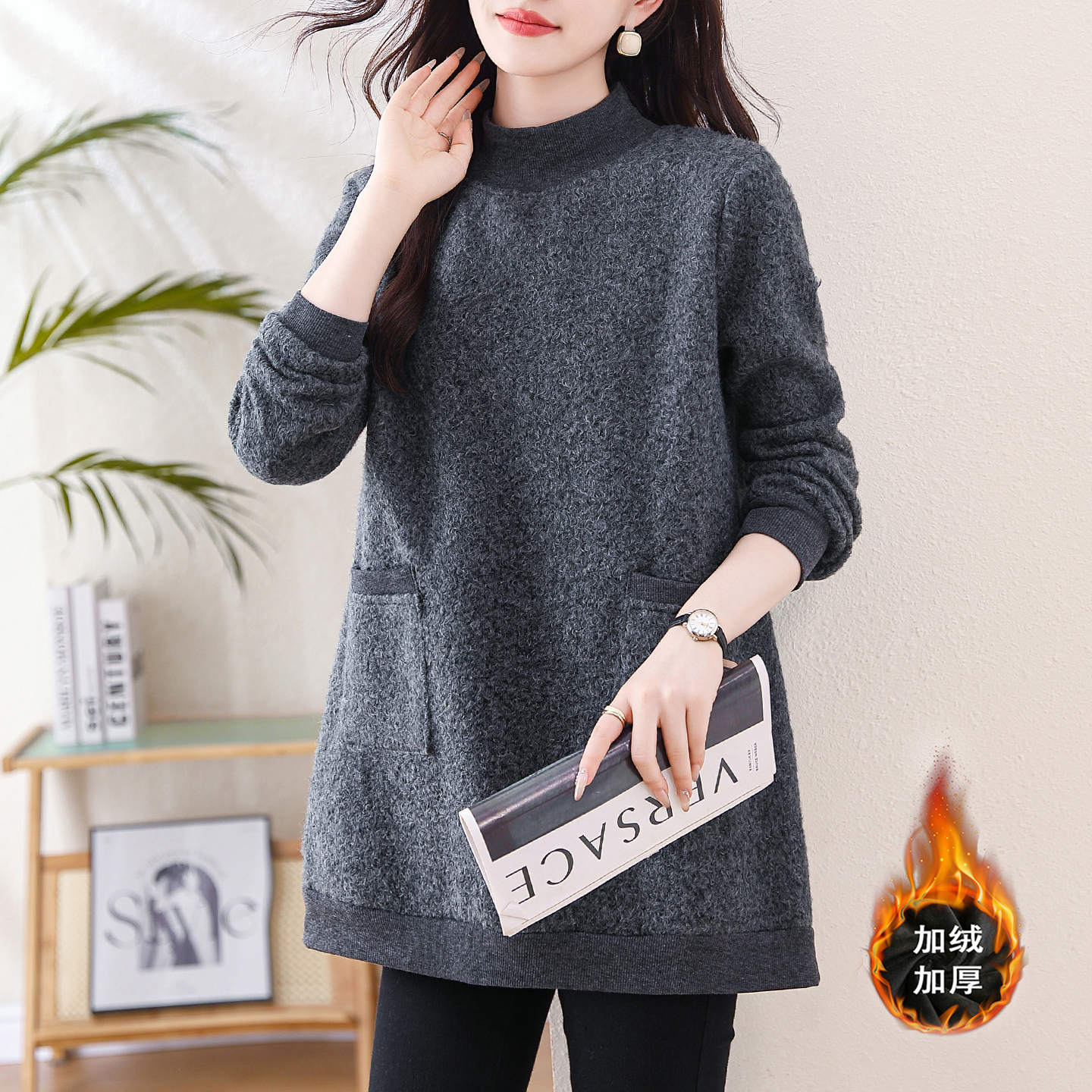 加绒卫衣女秋冬新款加肥加大码女装宽松中长款半高领保暖显瘦外套