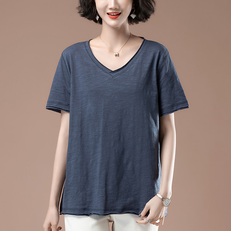 短袖t恤女夏季新款加肥加大码女装宽松中年妈妈竹节棉V领显瘦体恤