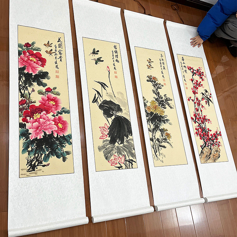 手绘国画春夏秋冬写意花鸟四条屏三尺对开客厅走廊中堂装饰画条幅