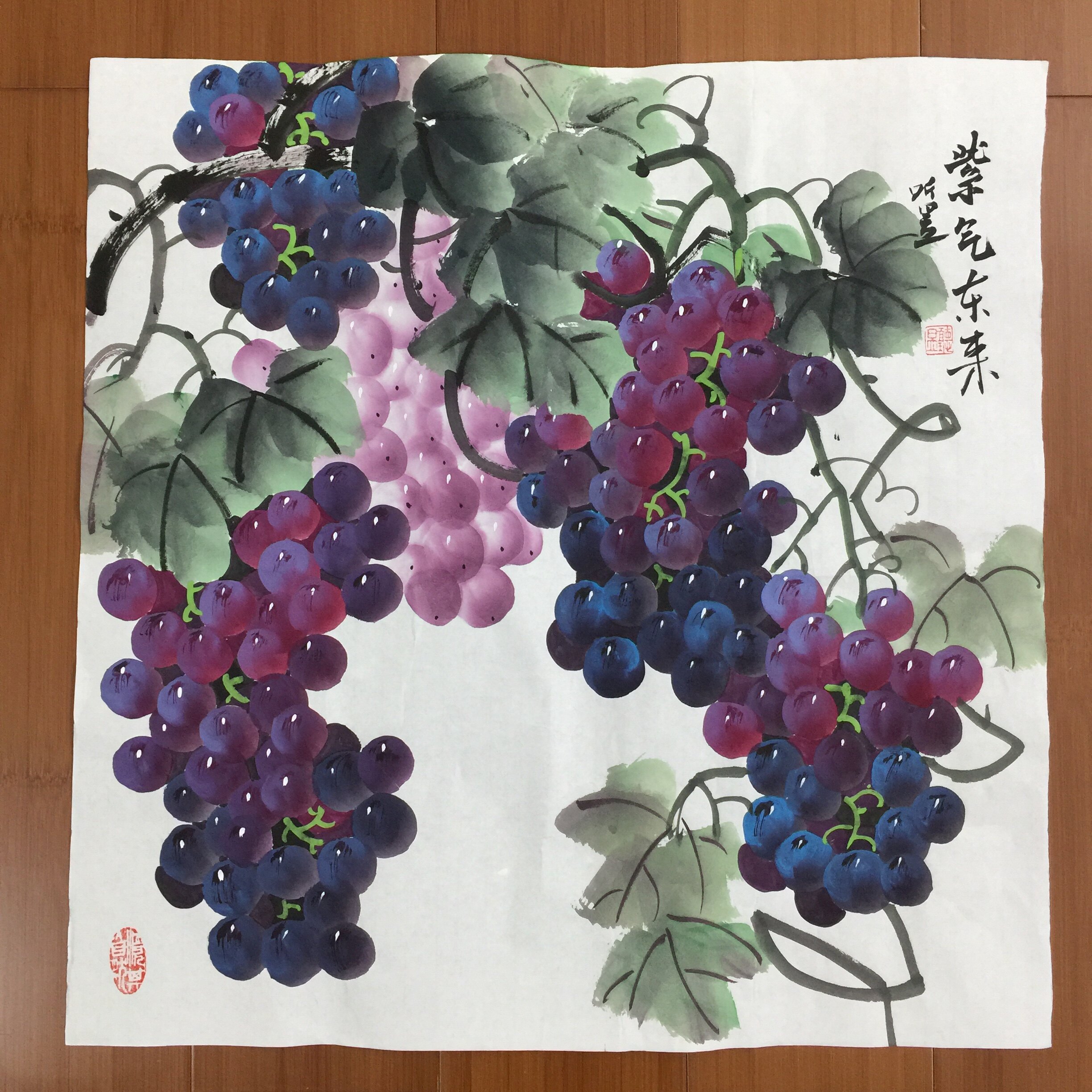 听昱亲笔手绘三尺斗方宣纸紫气东来客厅餐厅花鸟挂画作品50*50