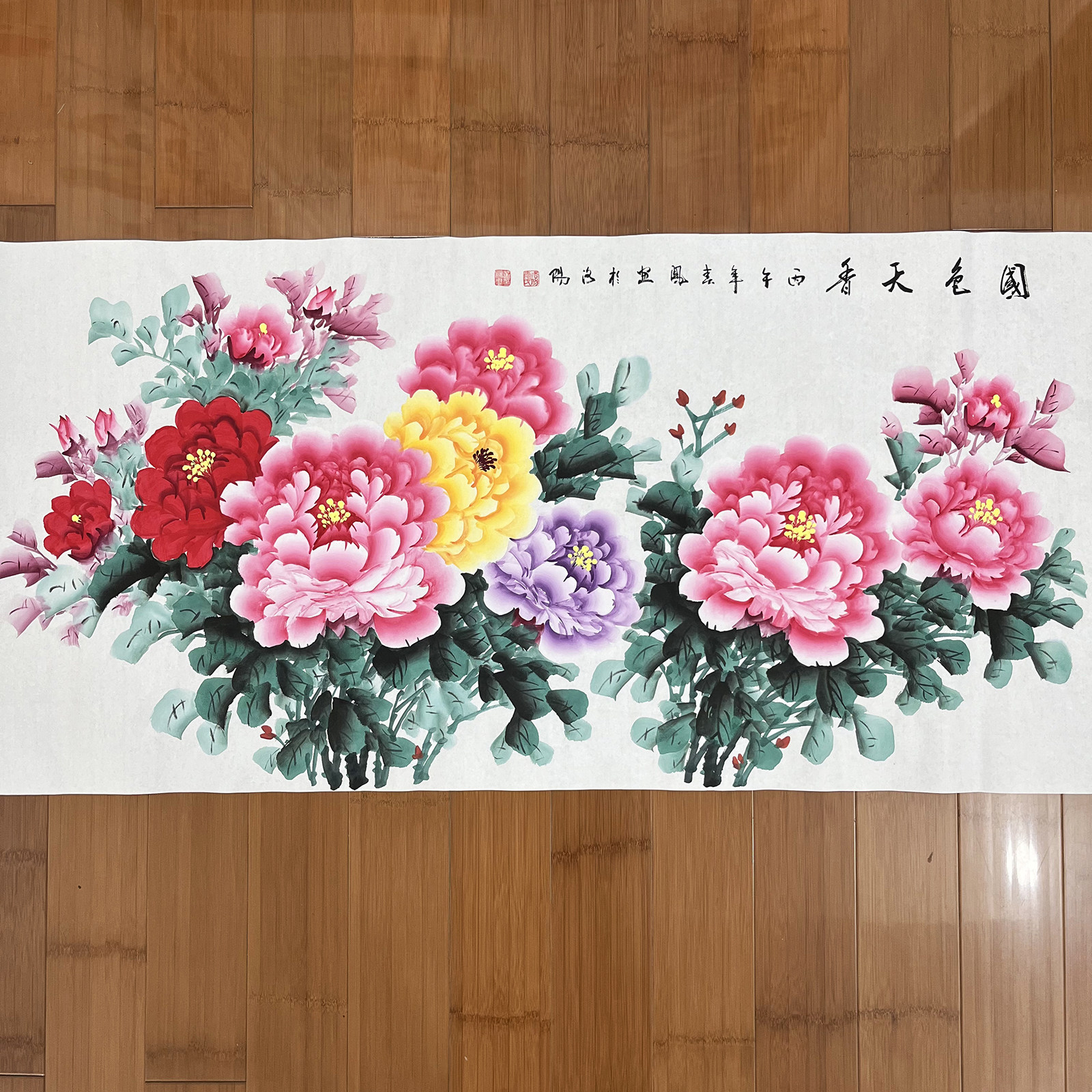 国色天香李春凤手绘写意国画牡丹四尺横幅客厅餐厅走廊沙发背景墙