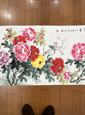 宋亚宗手绘牡丹国画四尺横幅花开富贵花鸟图餐厅客厅中式装饰画