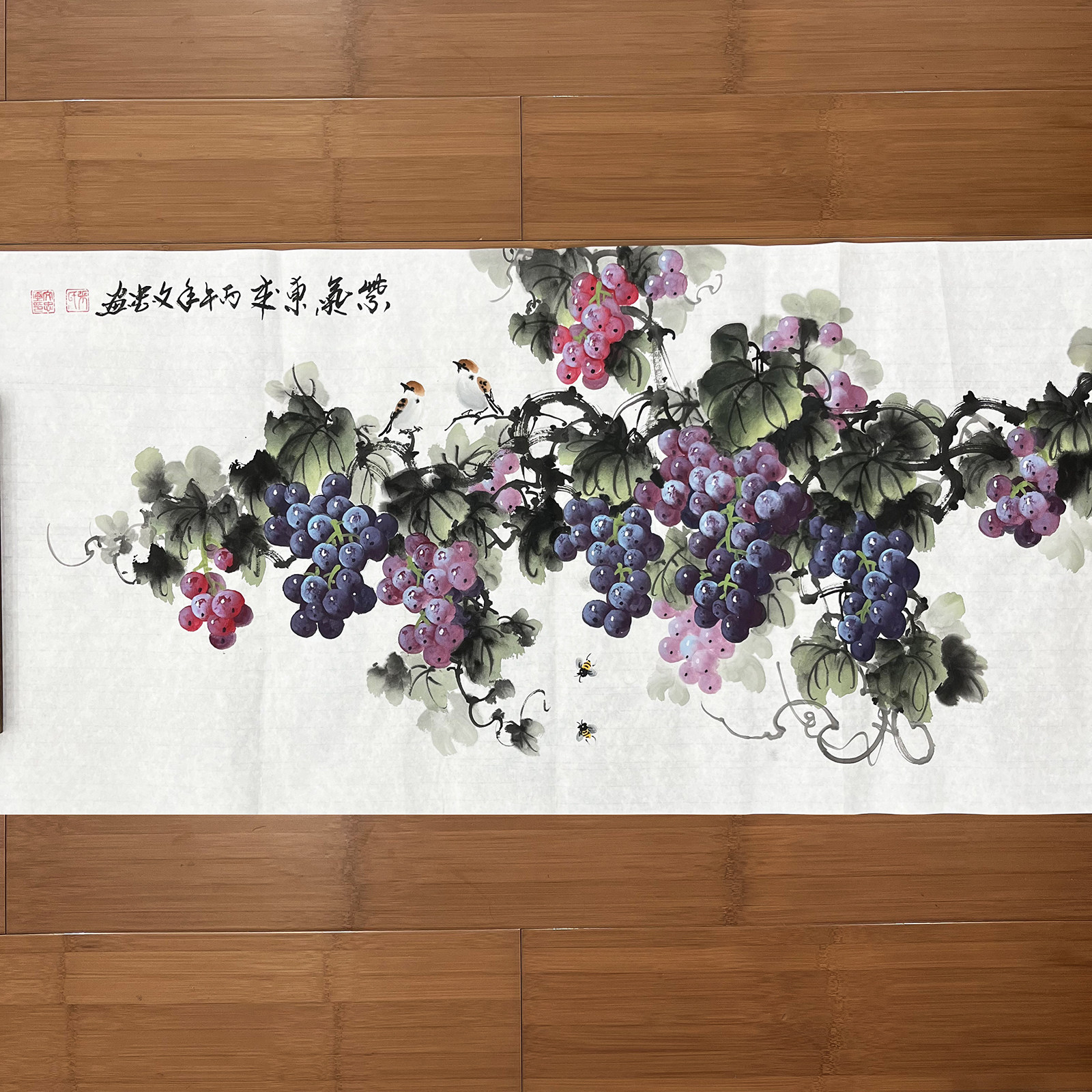 张文忠手绘葡萄国画横幅宣纸98*50厘米紫气东来餐厅走廊背景装饰