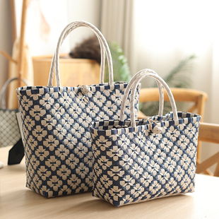 KENS手工编织购物篮外出提菜手提篮塑料露营野餐篮环保大容量筐