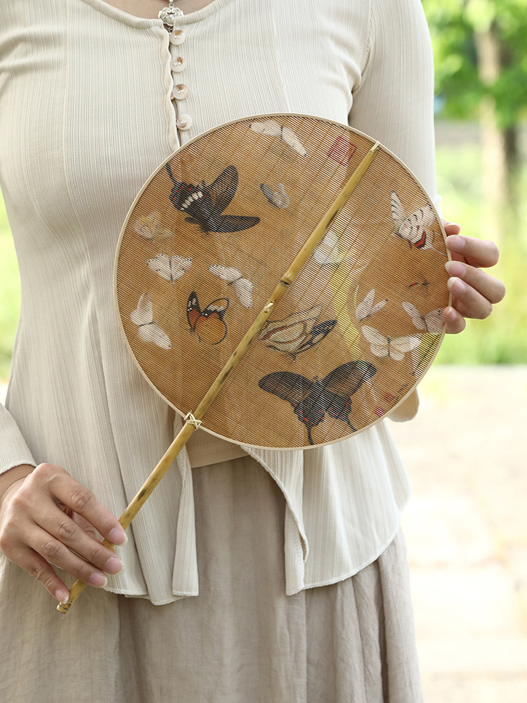 手工竹丝扇子双面印花竹编扇子中式水墨画夏季纳凉蒲扇麈尾扇团扇