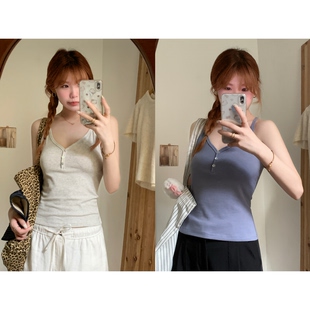 蘑糯糯同款雾霾蓝/灰色V领针织吊带背心女夏亨利收腰修身显瘦上衣