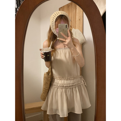 露思同款! 莱赛尔立体抽皱木耳边吊带裙温柔垂感微A连衣裙