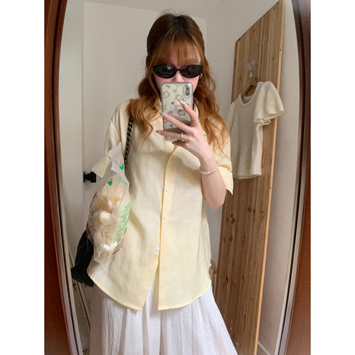 藤姐同款nbs 100%亚麻翻领宽松短袖衬衫女 湖蓝色/黄色/橙色