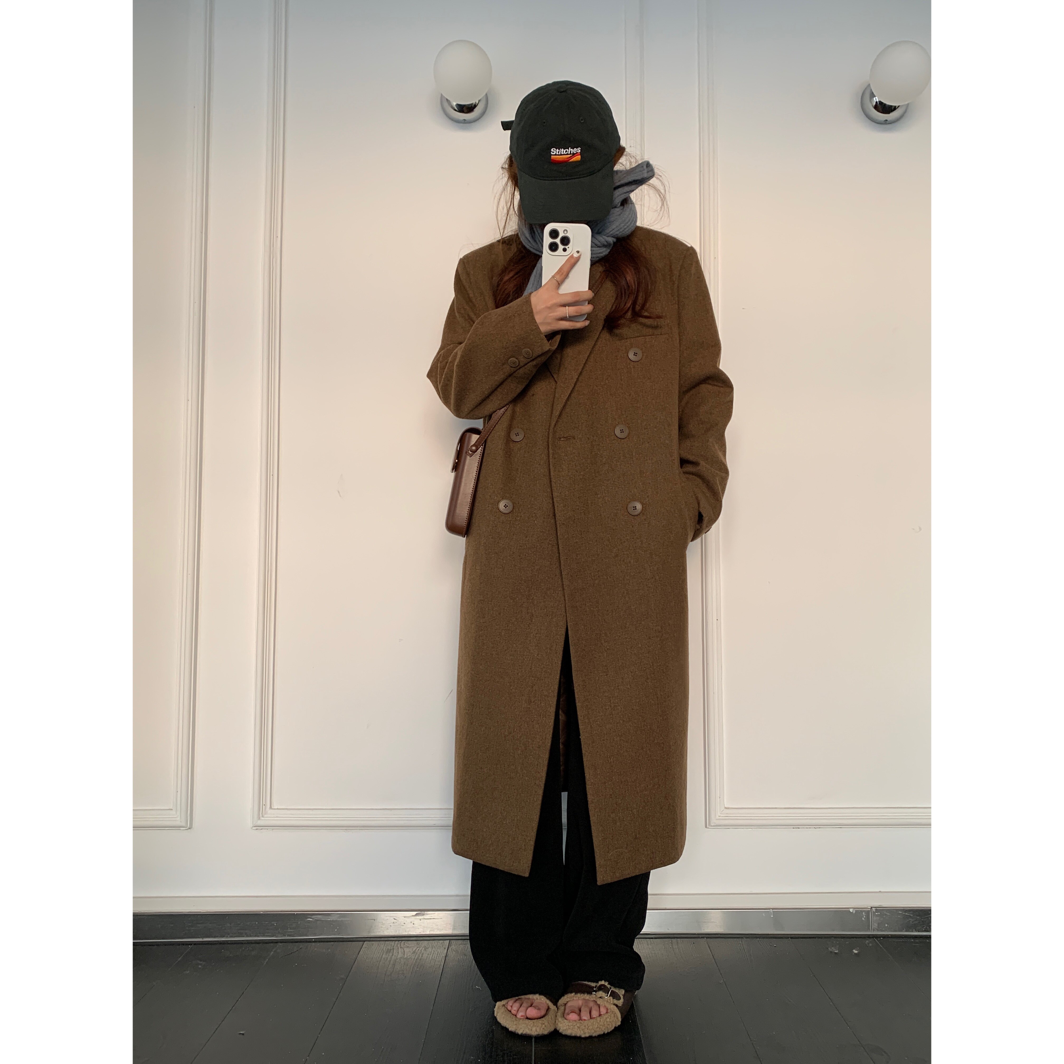 复古棕色毛呢大衣女秋冬小个子韩版宽松过膝双排扣中长款呢子外套