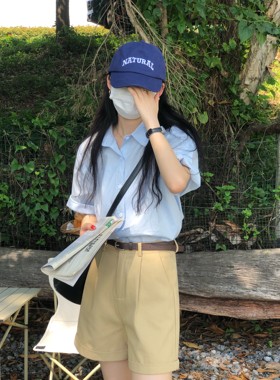 法式蓝色短袖衬衫女夏韩版宽松休闲高级感衬衣白色设计感小众上衣