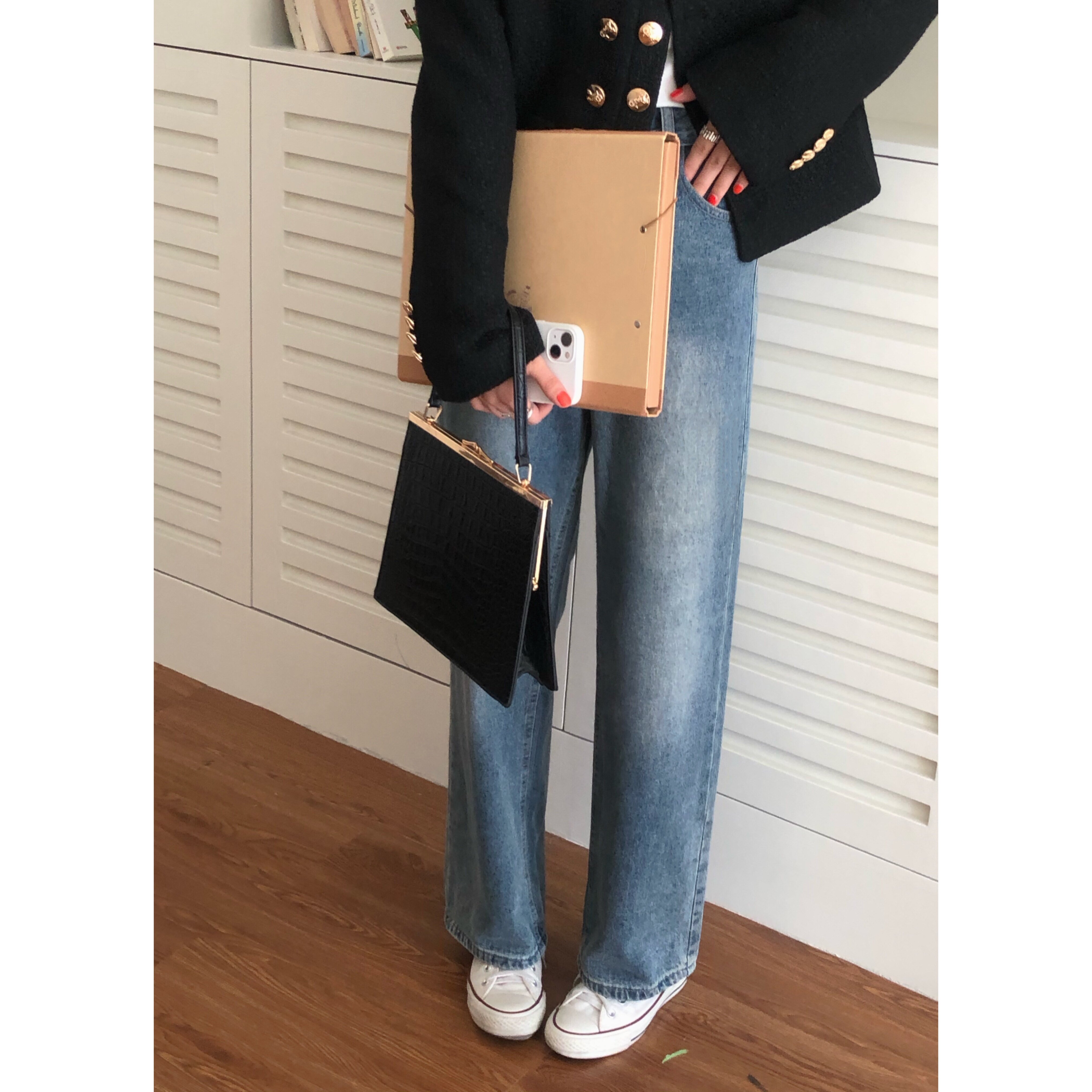 美式复古蓝直筒牛仔裤女春秋水洗高腰宽松阔腿裤子小个子显瘦长裤