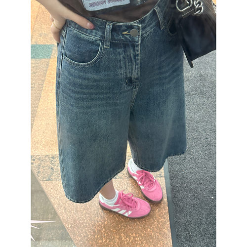美式七分蓝色牛仔裤2025新款高街小个子直筒休闲中短裤女夏