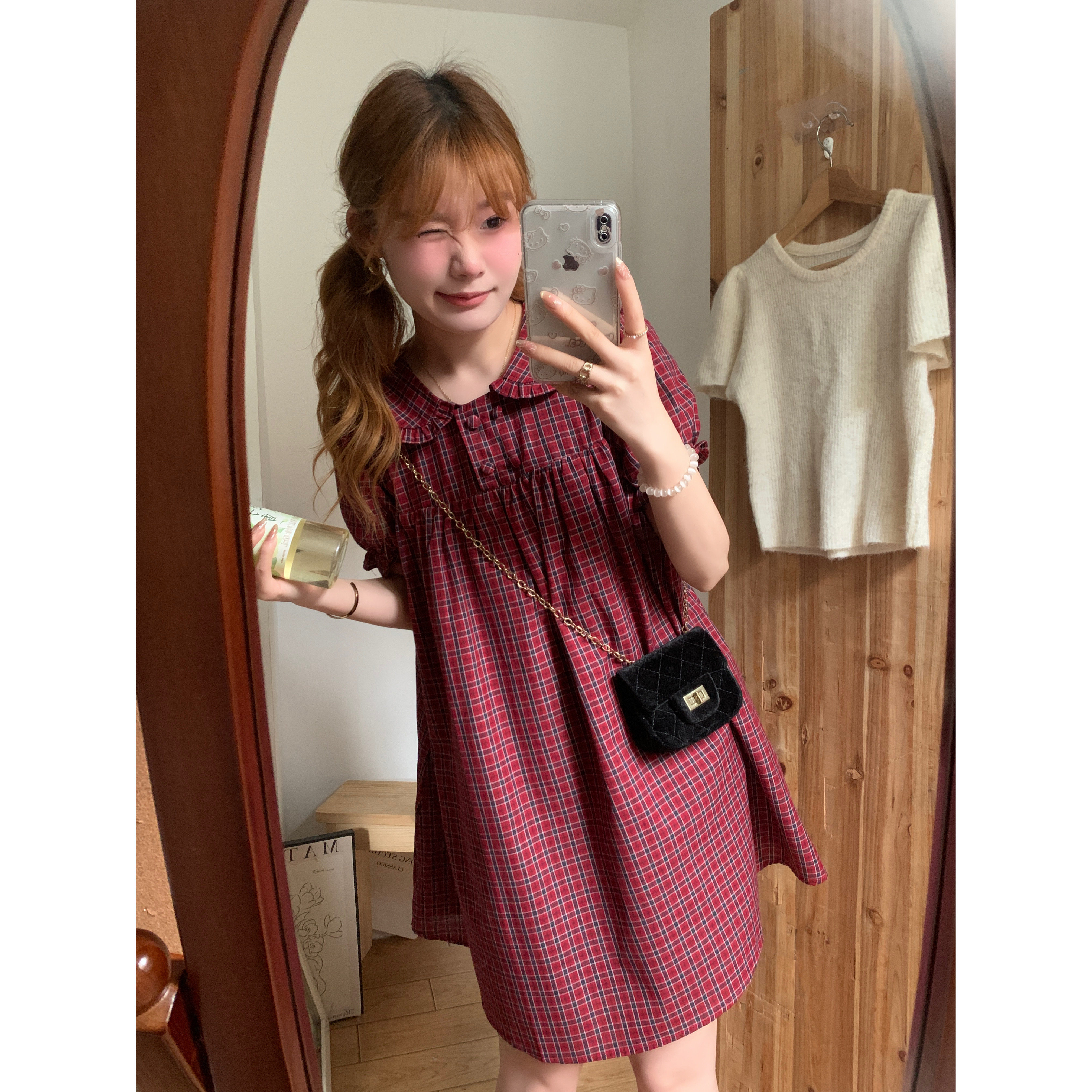 甜美少女感格纹娃娃领连衣裙夏季女泡泡袖格子短款叠穿裙子