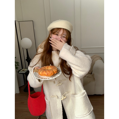 米白色牛角扣羊毛毛呢外套女冬季韩系宽松小个子夹棉加厚呢子大衣