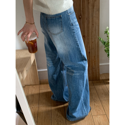 折痕美式水洗牛仔裤女春秋新款拖地长裤宽松直筒阔腿裤