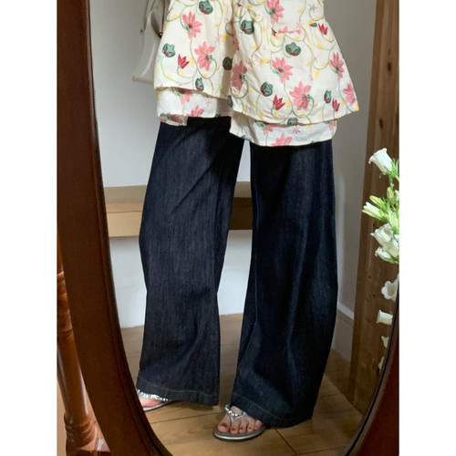韩系小姐姐！原牛色丹宁蓝荷叶边牛仔裤女春夏垂感显瘦休闲阔腿裤