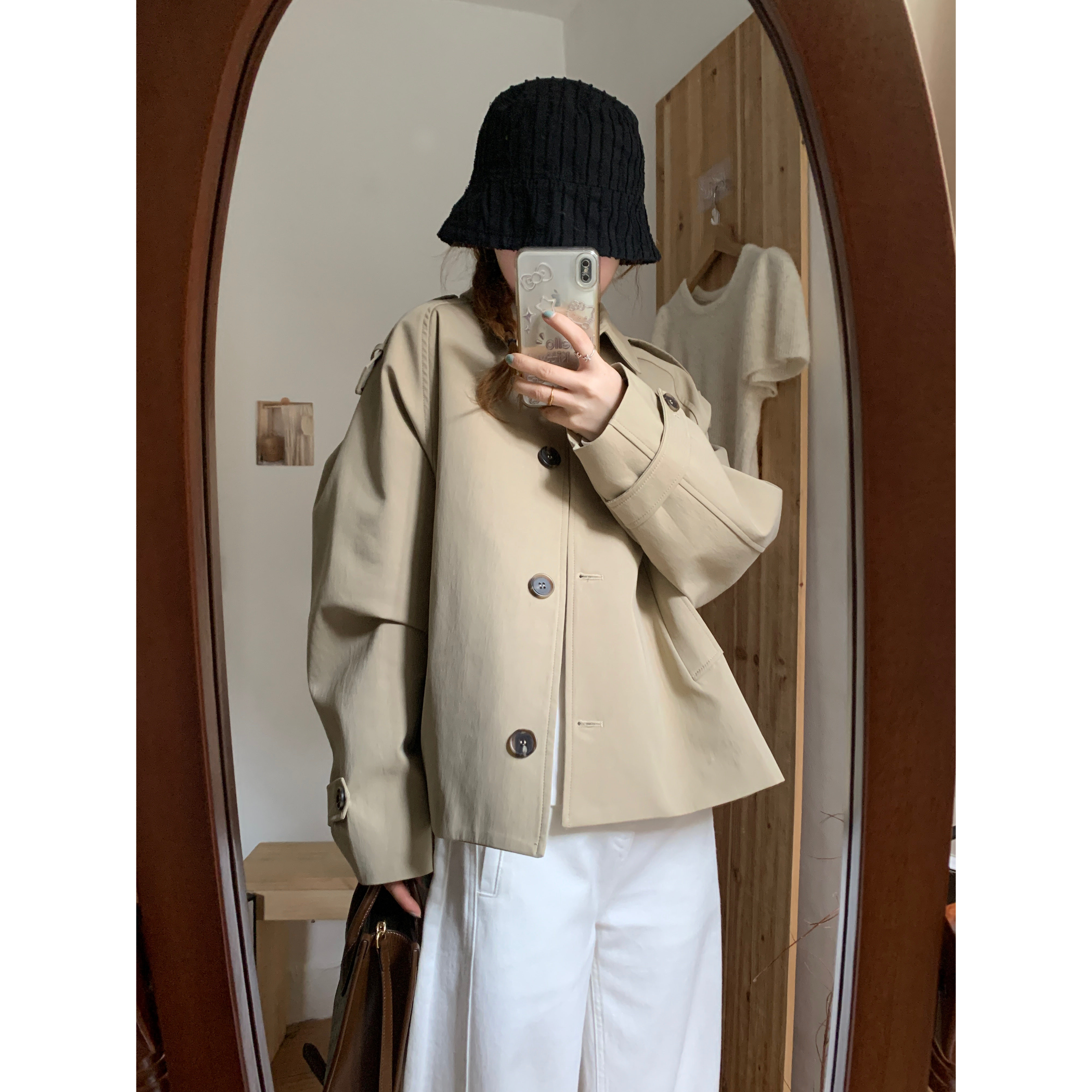 蘑糯糯黑色/卡其色短款风衣小个子女2026新款韩系慵懒宽松外套春图片