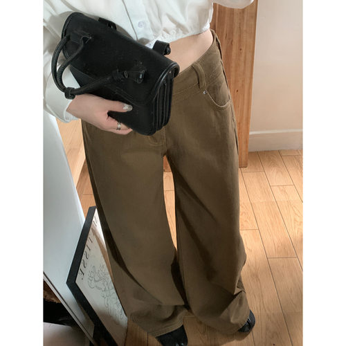 自留款！复古显瘦棕咖色直筒牛仔裤秋冬通勤百搭阔腿休闲长裤子女