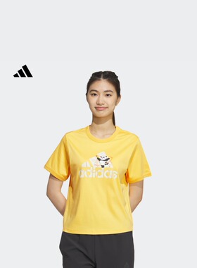 adidas阿迪达斯熊猫印花纯棉上衣圆领短袖T恤女装夏季新款轻运动