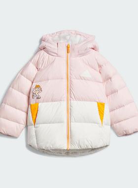 adidas阿迪达斯女小童装连帽鸭绒羽绒服2024新保暖夹克外套JJ5029