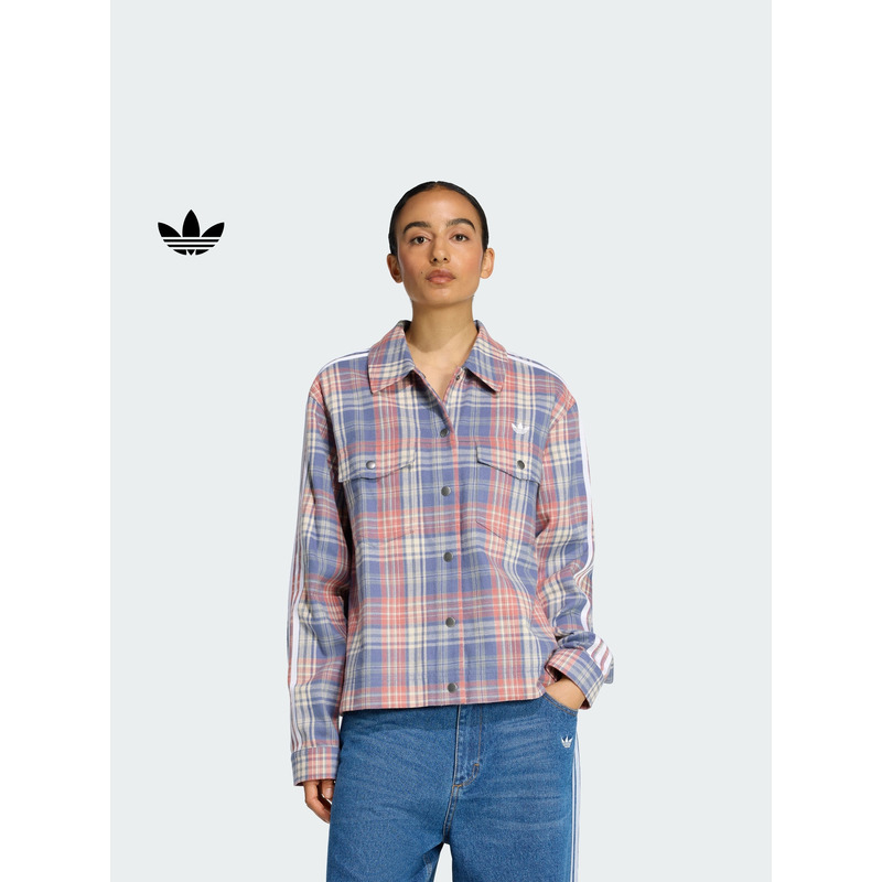 美式印花格纹纯棉运动夹克外套女秋冬新款adidas阿迪达斯三叶草