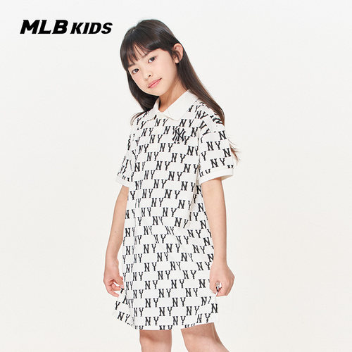 MLB儿童女童摩登老花连衣裙洋气时髦短袖裙子春秋新款7FOPM0433