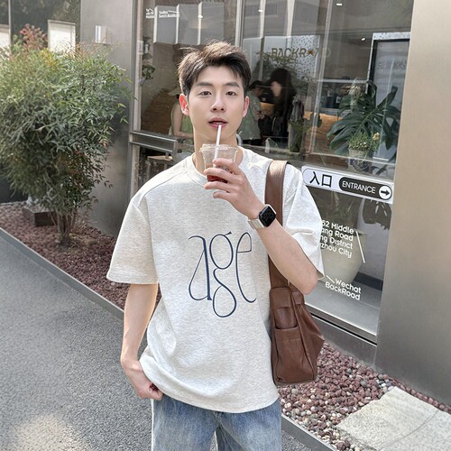 纯棉白灰色字母印花圆领短袖T恤