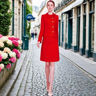 黛薇璐媤小香风外套配半身裙女2026春装新款法式气质收腰2件套红