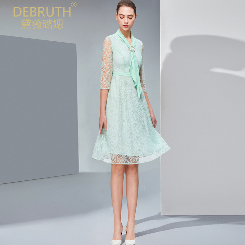 黛薇璐媤飘带领蕾丝公主连衣裙绿