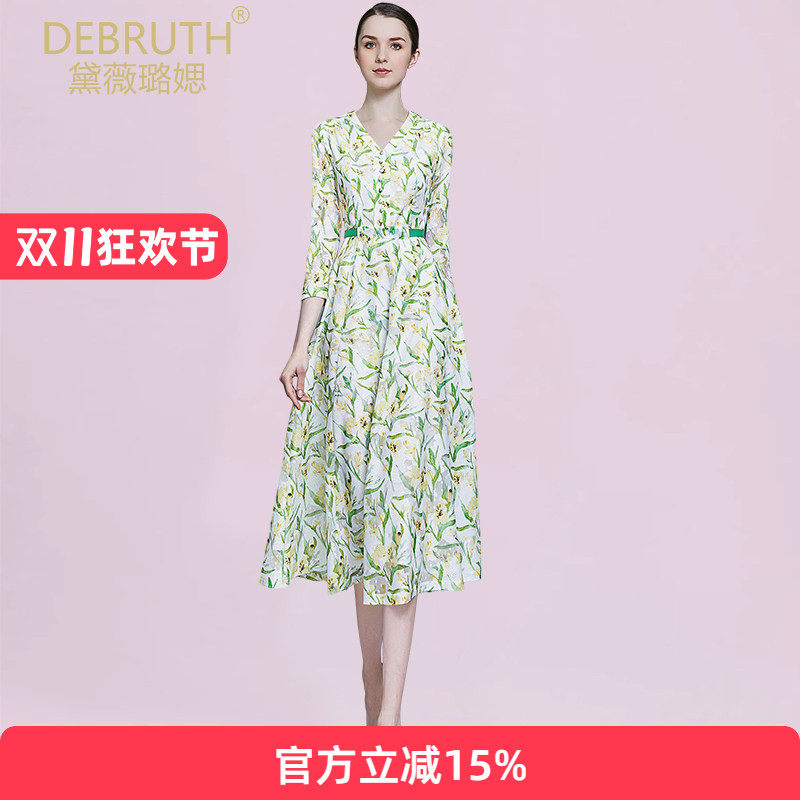 黛薇璐媤V领印花蕾丝公主连衣裙女春秋新款气质收腰七分袖A裙黄绿
