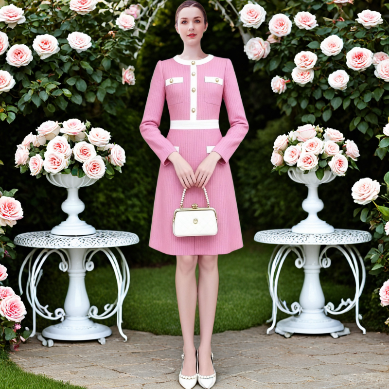 黛薇璐媤小香风撞色公主连衣裙玫