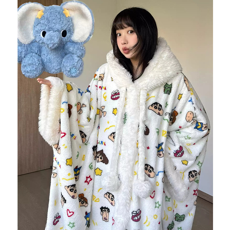 蜡笔小新睡衣女冬季珊瑚绒加绒加厚情侣斗篷披肩毛绒2025新款睡袍