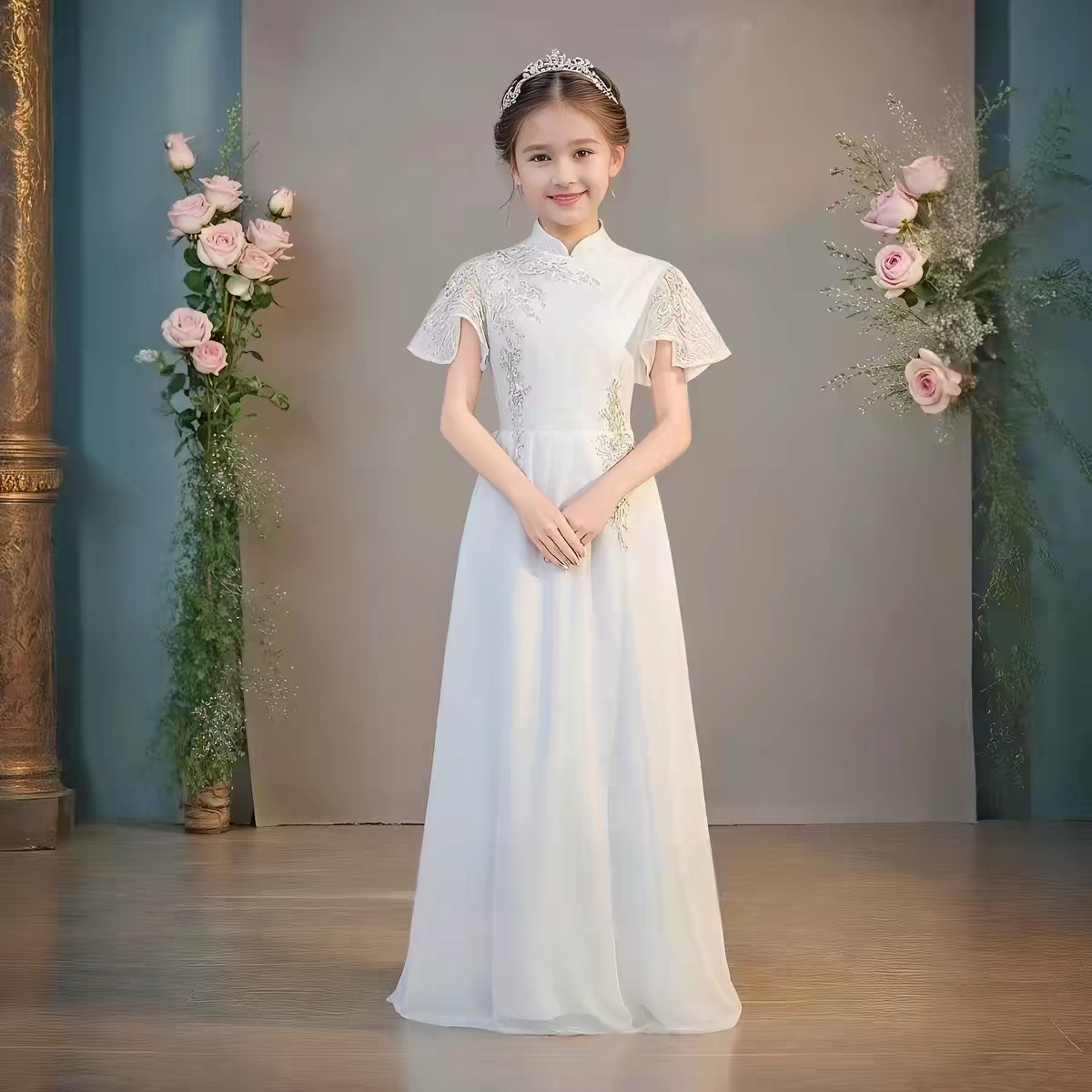 女童礼服夏季高端轻奢小众白色新中式琵琶古筝演奏服女孩古风旗袍