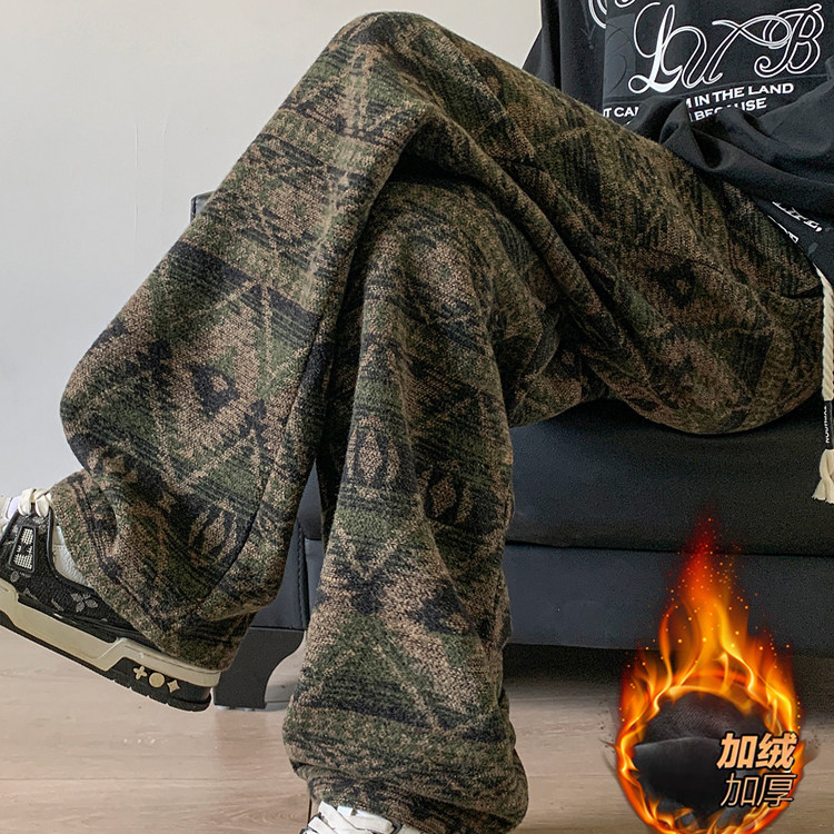 民族风裤子男款秋冬加绒设计感卫裤美式复古阔腿休闲长裤直筒裤