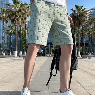 男款 高级小熊休闲裤 夏季 新款 潮牌痞帅外穿五分裤 轻奢绿色印花短裤