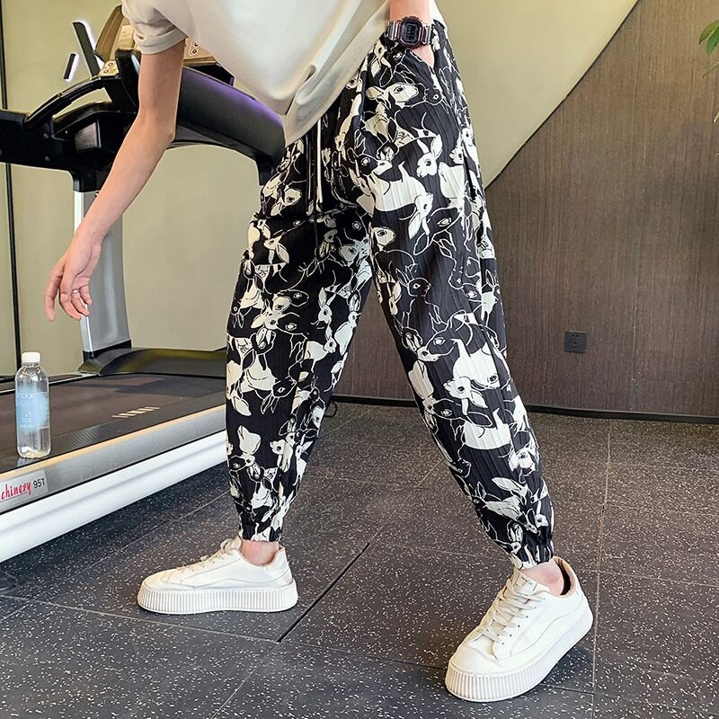 高级感冰丝花裤子夏季薄款男裤垂感九分裤宽松哈伦裤束脚裤休闲裤