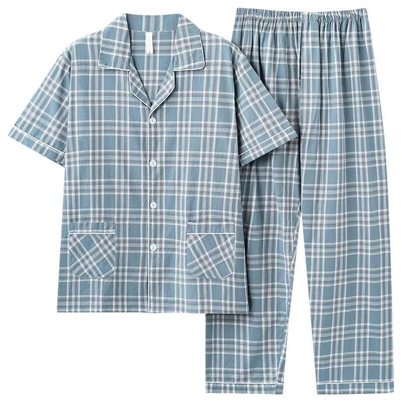 带小便口梭织100纯棉布睡衣男夏季短袖长裤加大码全棉家居服套装