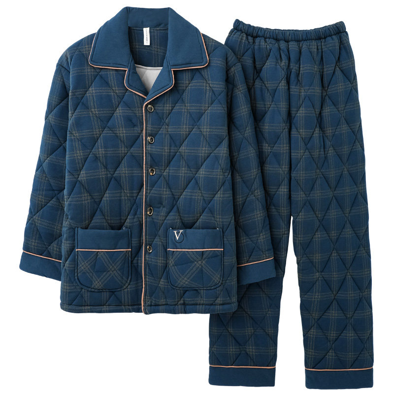 抗静电男士睡衣冬季100纯棉夹棉三层加厚全棉保暖冬款家居服套装