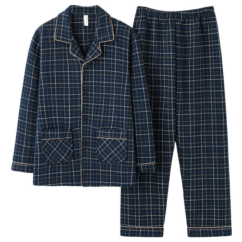 空气棉夹层睡衣中老年人爸爸100纯棉家居服男春秋冬季可外穿套装