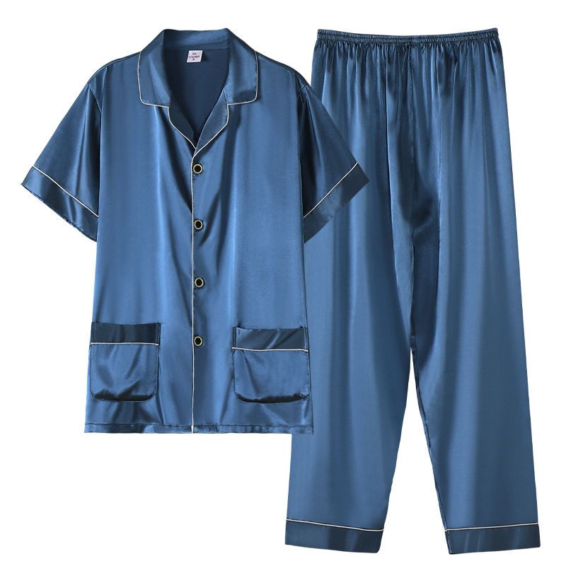 夏季冰丝绸短袖长裤睡衣男士仿真丝家居服送男友男生爸爸父亲礼物