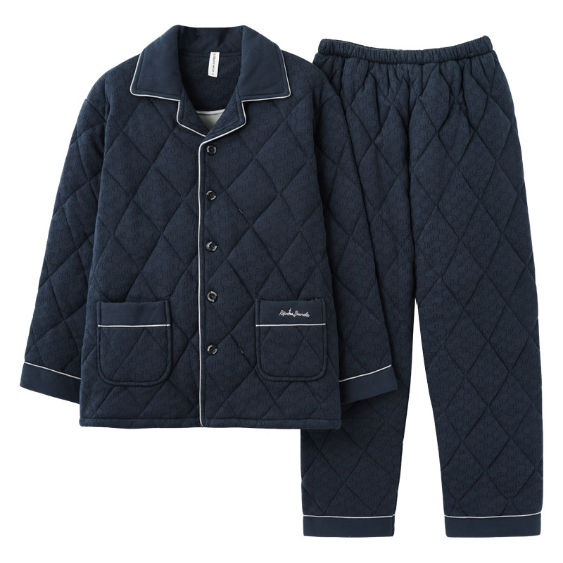 100%纯棉三层加厚夹棉冬季男士睡衣棉袄秋冬款男式大码家居服套装