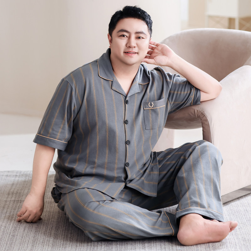 加肥加大100纯棉男士睡衣短袖长裤特大码宽松350斤胖子家居服7XL