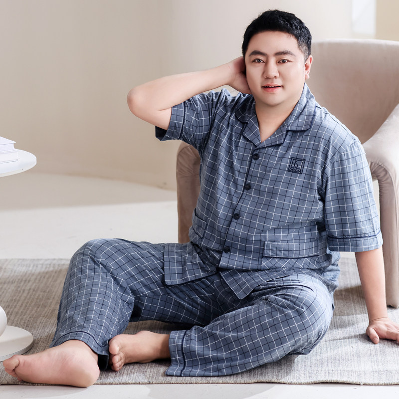 100纯棉睡衣男大码夏天短袖长裤胖子加肥加大半袖全棉家居服套装
