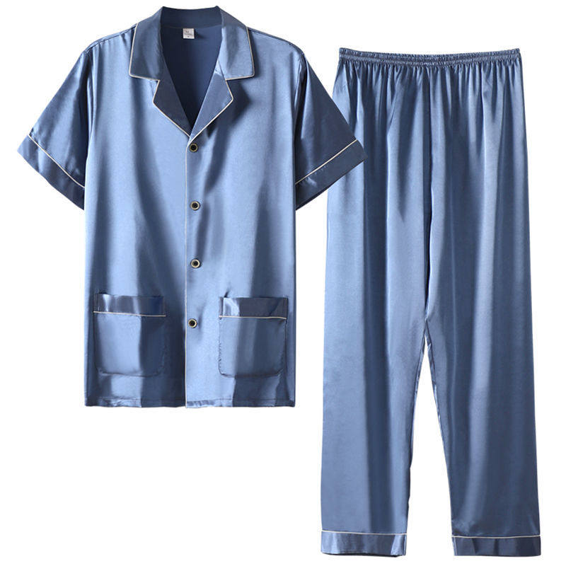 高档冰丝睡衣男夏季薄款男士短袖大码男款爸爸夏款丝绸家居服套装