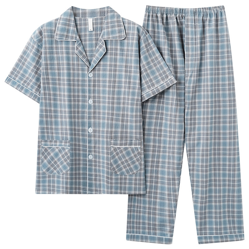 带小便口梭织100纯棉布睡衣男士夏季短袖薄款全棉家居服套装大码