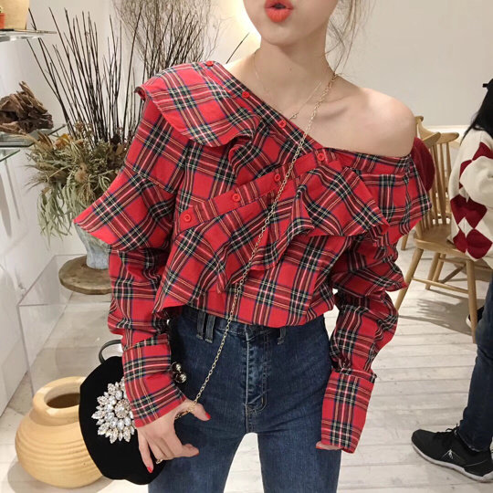 現~韓國東大門2019春夏款斜領露肩格紋長袖襯衫女不規則拼接襯衣在類目 女裝/女士精品, 襯衫中 - 來自Buy2taobao.com提供專業的淘寶代購服務