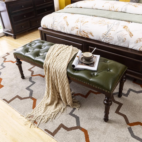 萨洛美美式实木头层牛皮床尾凳